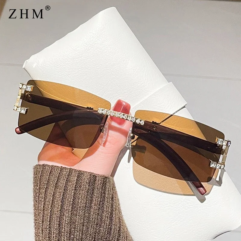 

Fashionable women's frameless transparent colored rectangular frame glasses with diamond decoration and personalized sunglasses