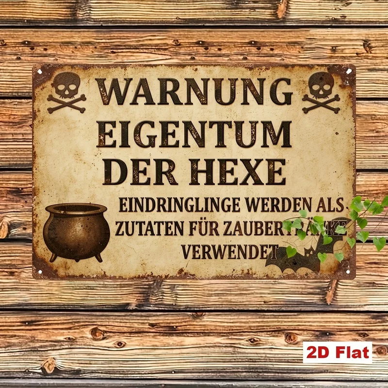 2D Flat Metal Tin Sign, Property of German Witch, Intruders Become Potion Ingredients Funny Quote, Skull Cauldron Bat Pattern, V