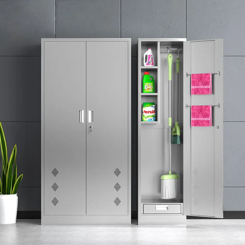 Gabinete de limpieza de acero inoxidable, almacenamiento de productos de higiene para empresa escolar, fregona, escoba, gabinete de almacenamiento de herramientas