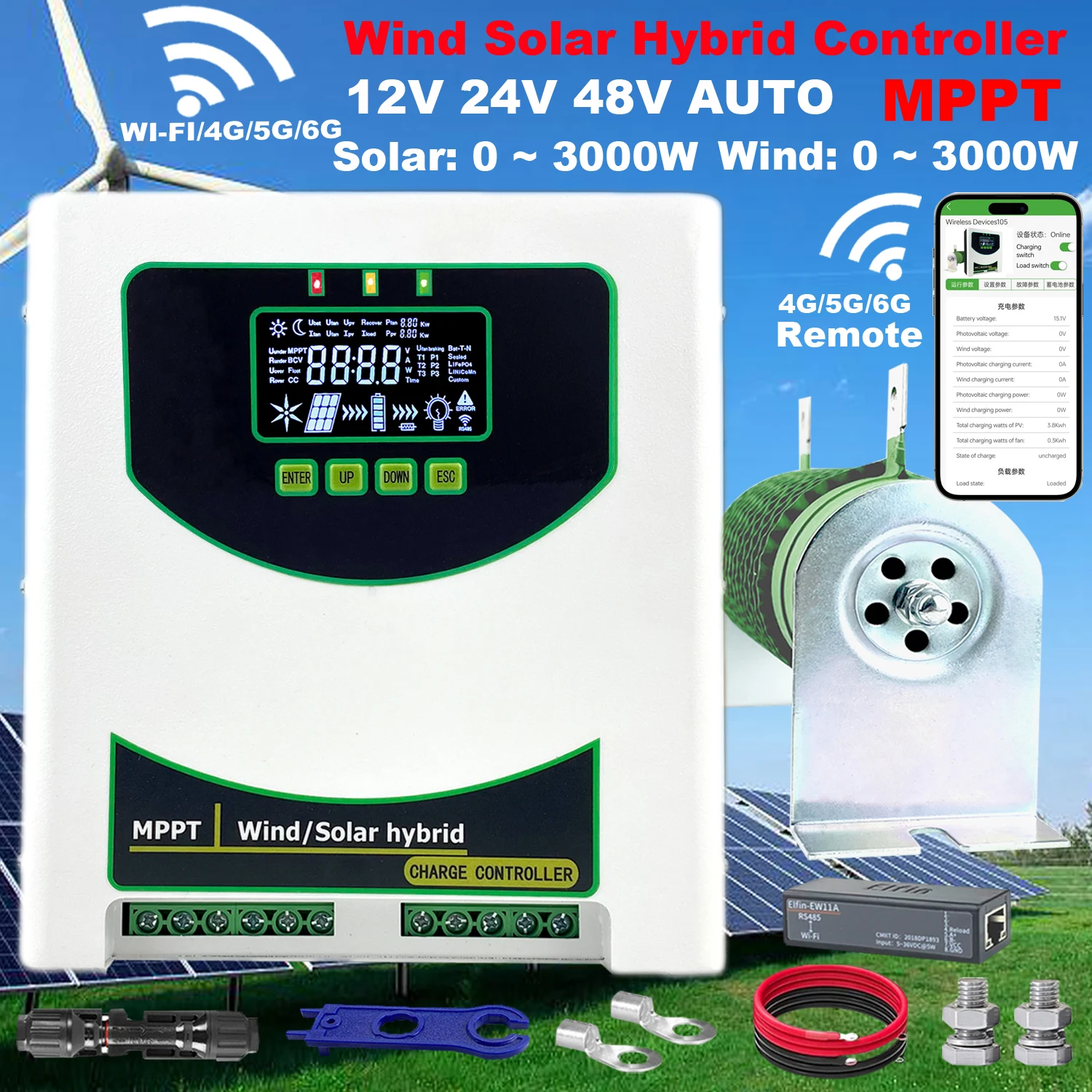 5000W 6000W WIFI Hybrid Solar Wind Charge Controller Power System MPPT Solar Regulator For 12V 24V 48V Lithium Lead-acid Battery