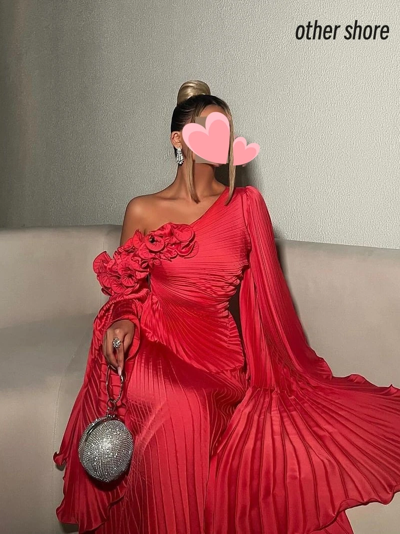 Other Shore Elegant Vintage Sweet Sexy Rose Red Ruffle One Shoulder Customize Formal Occasion Prom Dress Evening Party Gowns