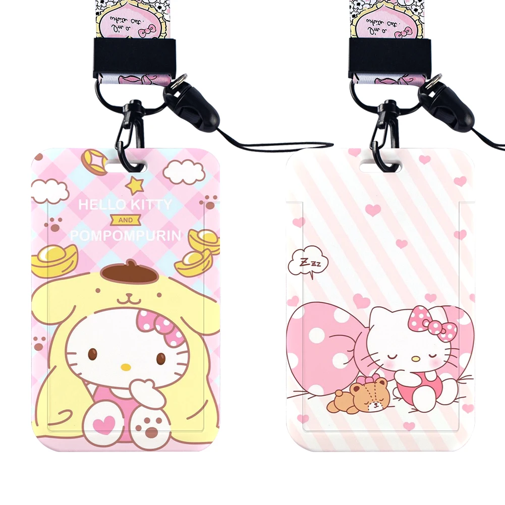 

W Sanrio Hello Kitty Card Cover Case Kawaii Figure Kuromi Melody Cosplay Badge ID Bank Cards Holder Neck Straps Lanyard