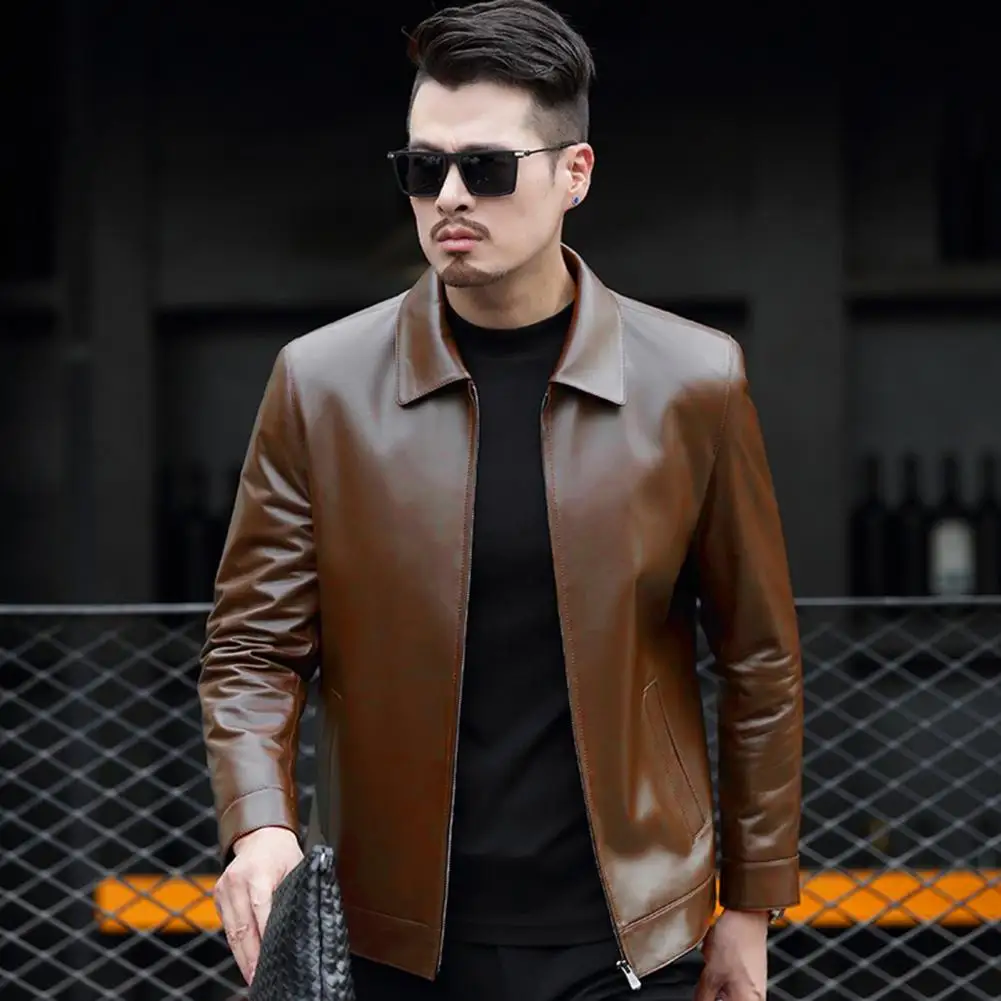 Men Slim Fit Faux Leather Jacket Lapel Design Faux Leather Jacket Vintage Zipper Biker Jacket for Men Slim Fit Faux Leather