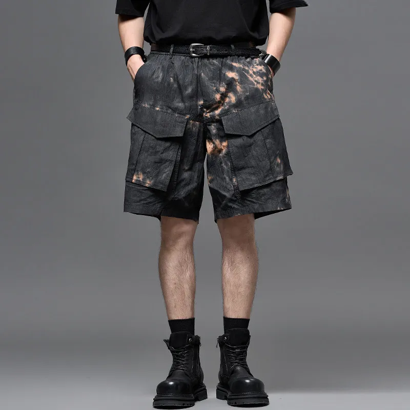 High Quality Black Tie-Dye Summer Boys National Fashion Shorts Japanese Retro Overalls Multi-Pocket Fifth Pants
