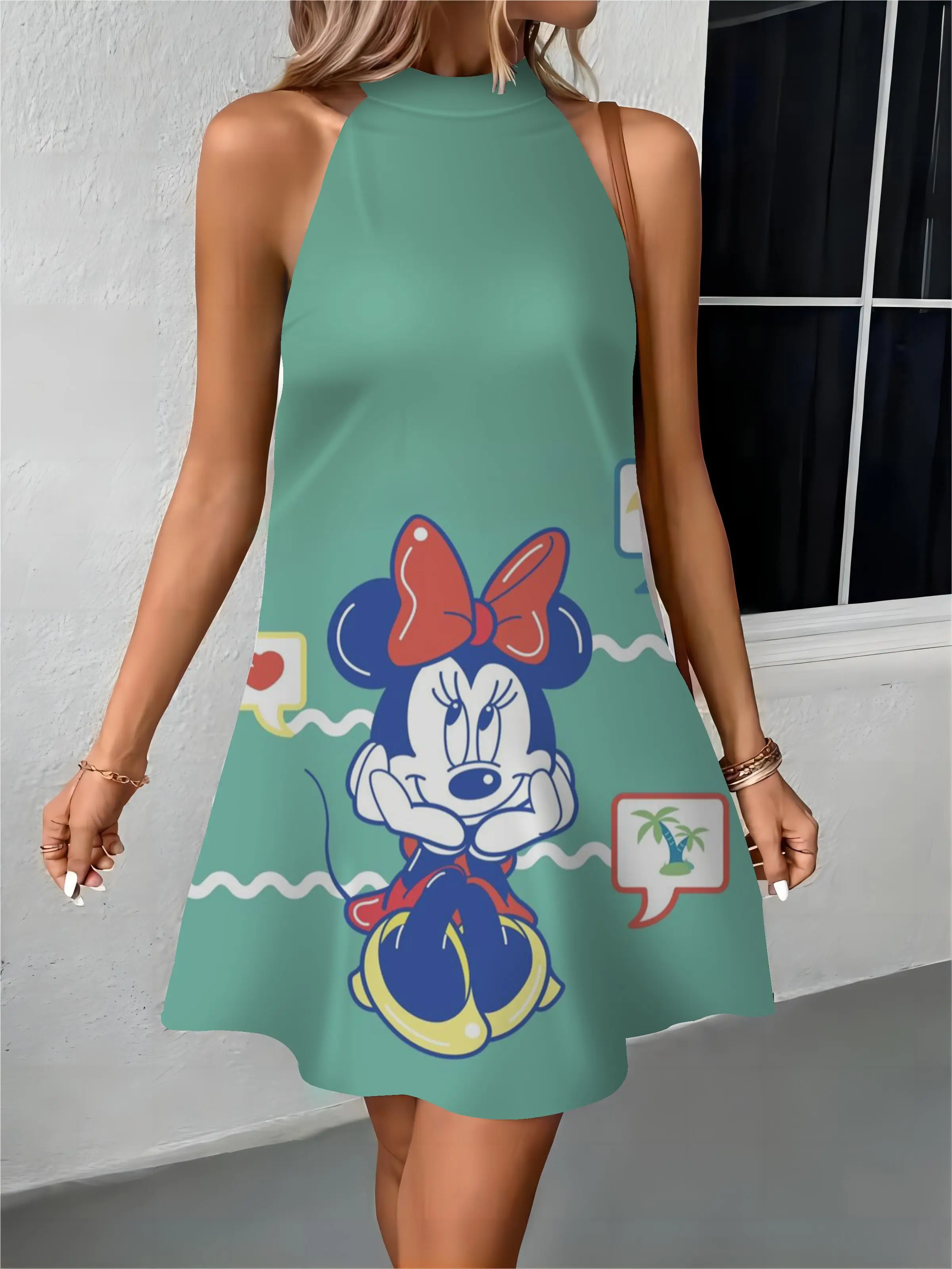 Beach Dress Womens Dresses Bow Knot Disney Minnie Mouse Off Shoulder Mickey Apron Fashion Summer 2024 Elegant Women Party Midi