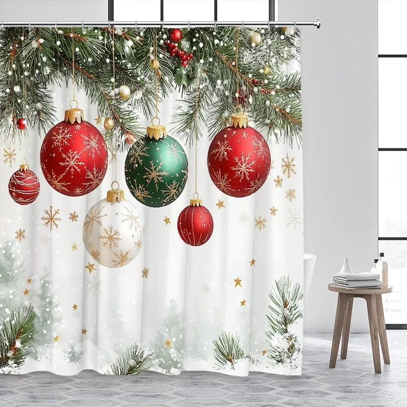 Christmas Balls Shower Curtain Green Pine Boughs Gold Stars Snowflakes New Year Xmas Bath Curtain Home Bathroom Decor With Hooks