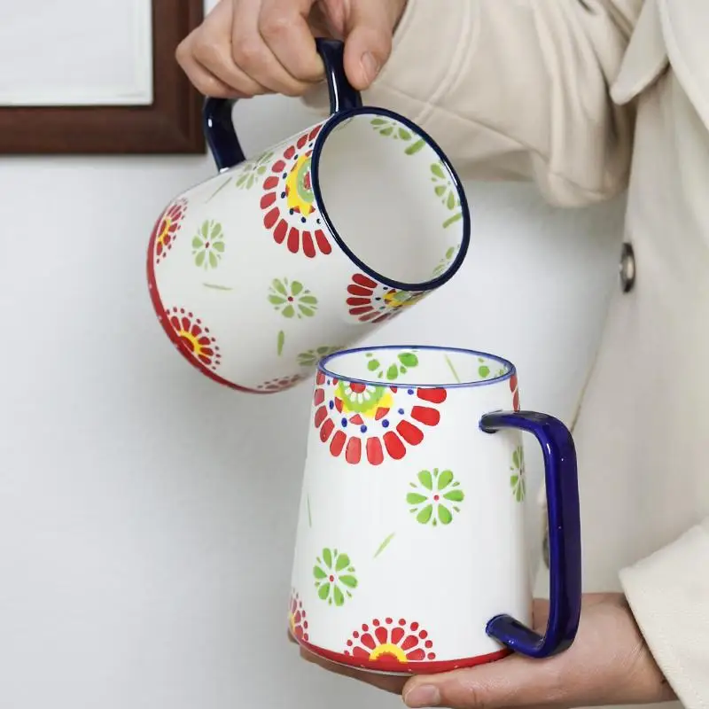 700ml Retro Hand-painted Flower Ceramic Mug，large Capacity Cup Garden Style Coffee Cup，Home Office Water Cup with Lid Drinkware
