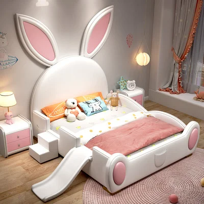 YEC-08 Kiddie Bed Girl Cartoon Bunny Bunny Ears Girl Solid wood Princess Bed with slide children's furniture