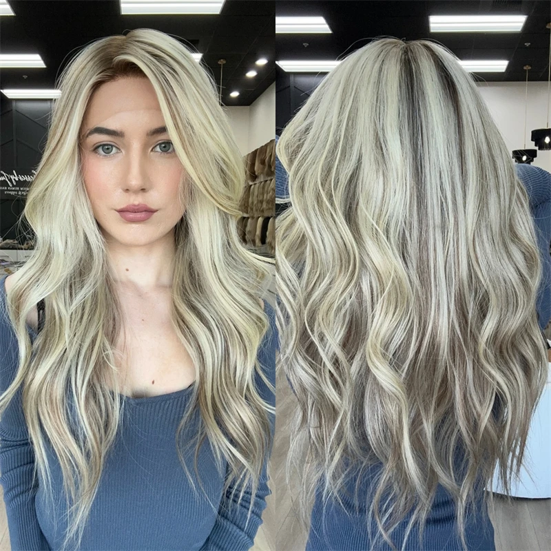 

Ombre Пепельно-русый парик фронта шнурка Синтетические парики фронта шнурка Объемные волны Бесклеевые парики для женщин Парик из термостойкого волокна на каждый день