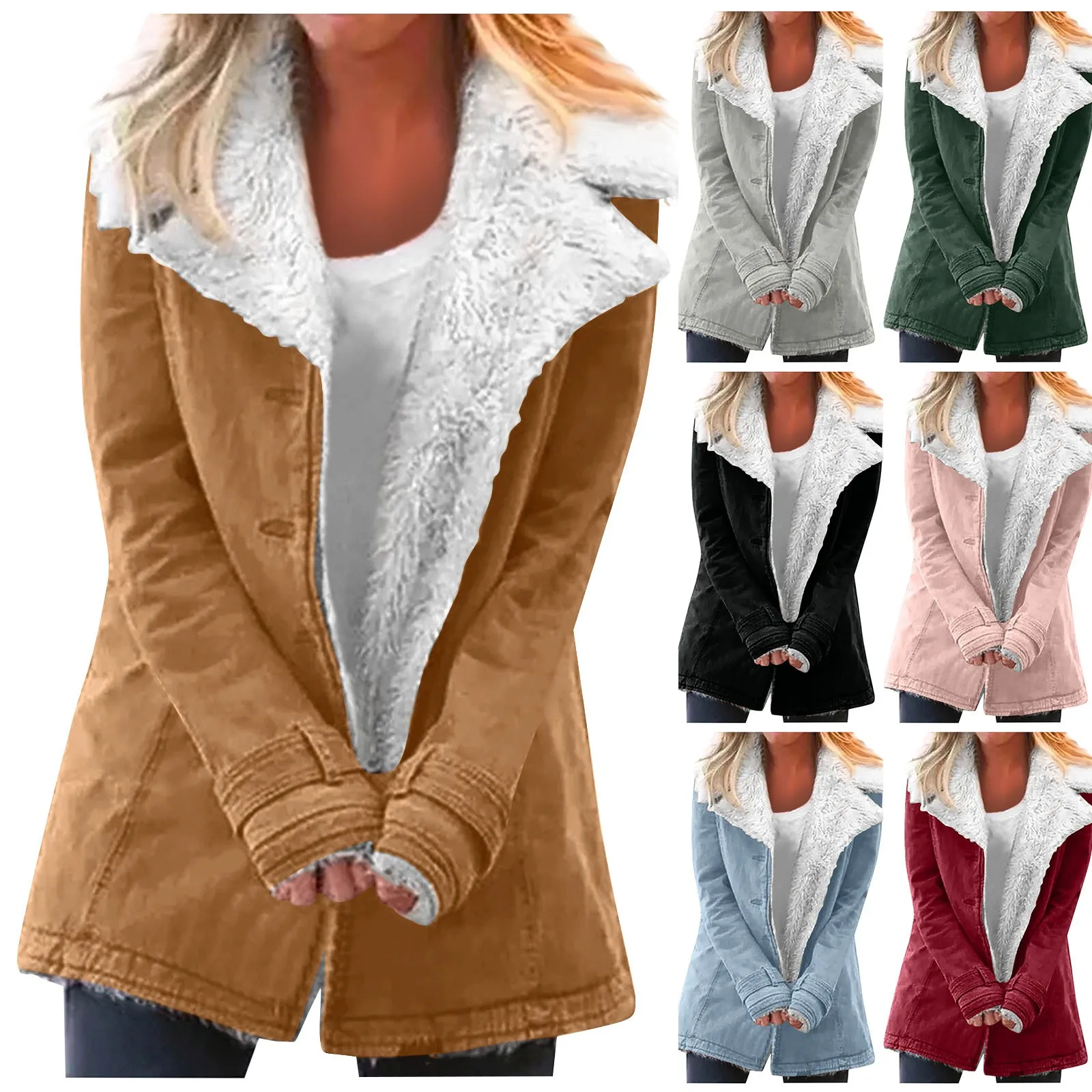 large size Women\'s Casual Fashion Loose Solid Color Hat Plus Fleece Collar Pocket Jacket