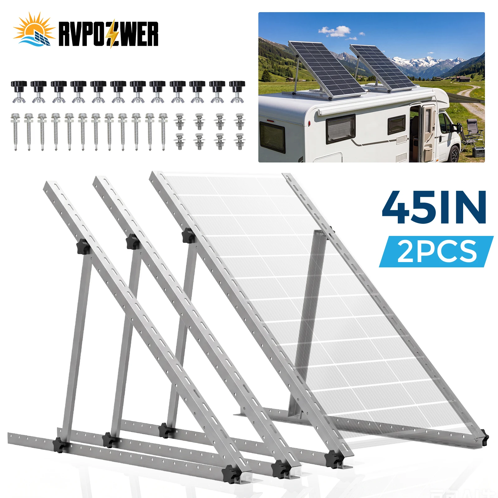 RVPOZWER Adjustable Solar Panel Tilt Mount Bracket,Heavy‑Duty Aluminum Support Legs,Rustproof Corrosion‑Resistant Mounting Stand for Roof RV Caravan Boat Off‑Grid Outdoor Solar System 2PCS 45in