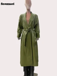 Nerazzurri Spring Autumn Long Green Pu Leather Trench Coat for Women Shawl Collar Sashes Elegant Chic Luxury Designer Clothes