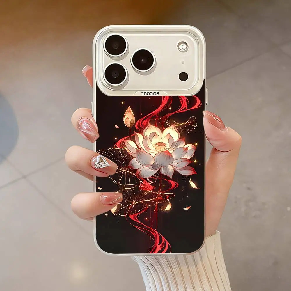 Casing Ponsel Lukisan Teratai Seni Kuno Untuk iPhone 17,16,13,12,X,11,15,14,Pro,Max,Plus,SE4,Air,Mini Putih IMD HD Matte