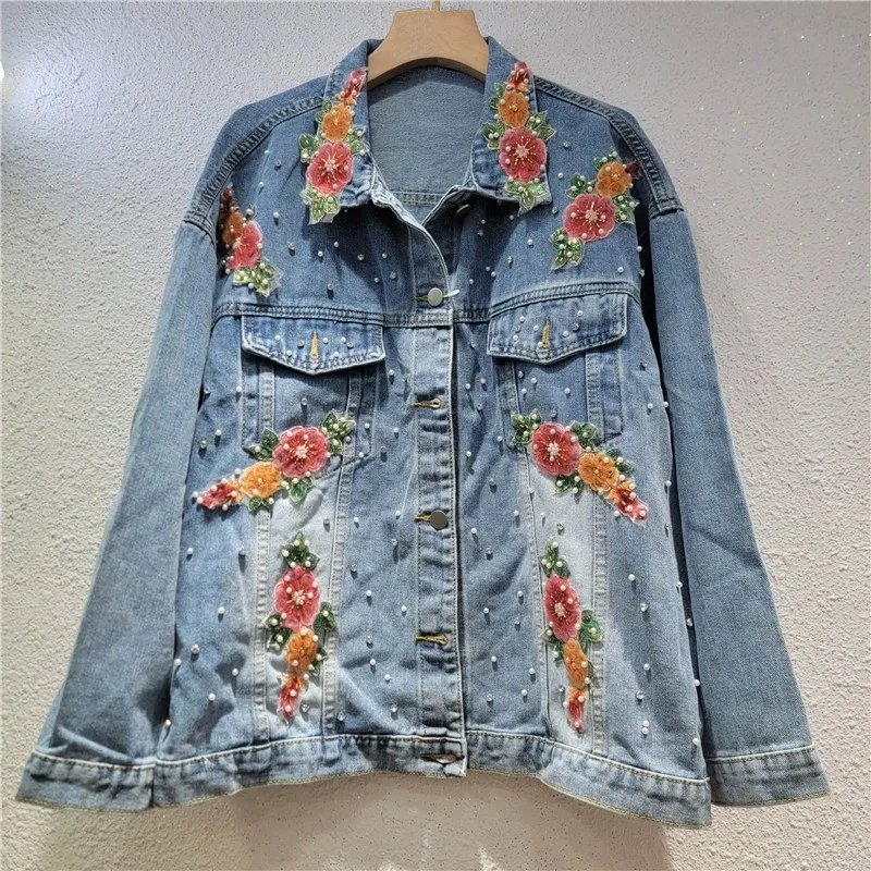 

Autumn Women Heavy Work Pearl Beaded Mesh Flower Jeans Jacket Coat Casual Lapel Long Sleeve Blue Short Denim Jacket Streetwear