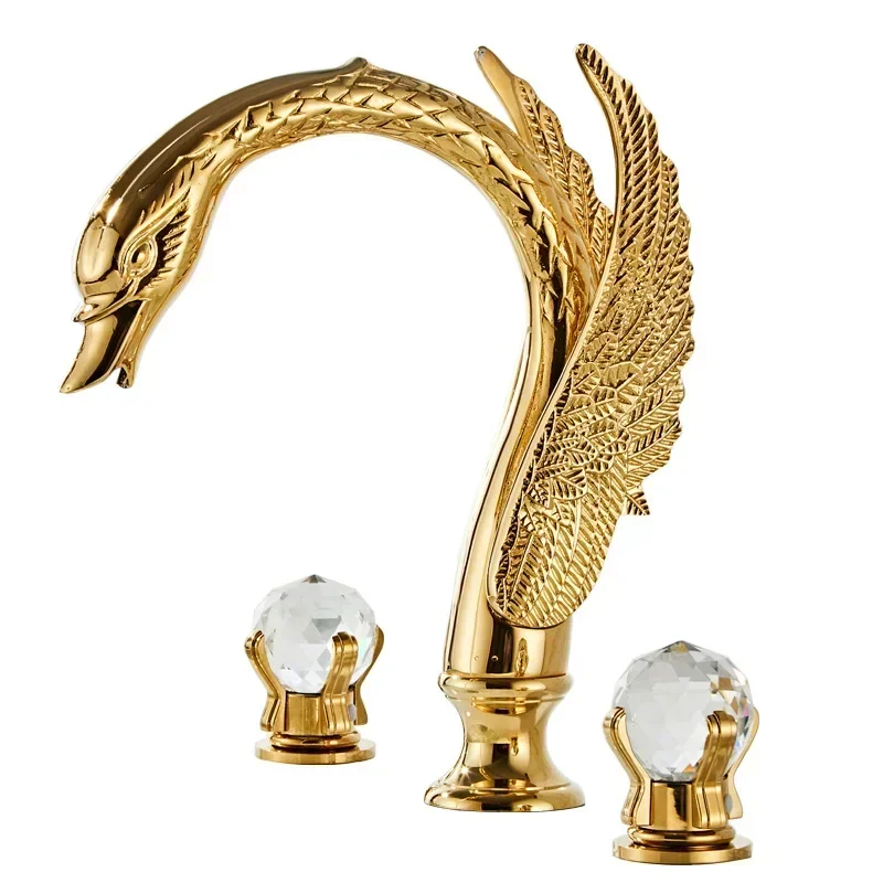 Full copper gold three-hole basin faucet, hot and cold crystal handle creative luxury swan bathroom cabinet faucet bathroom