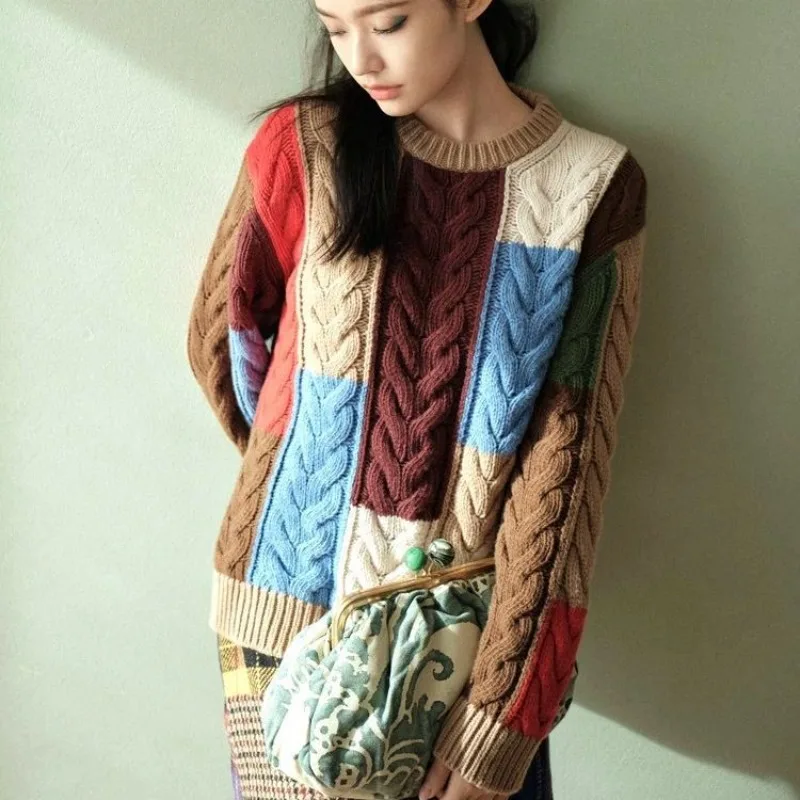 

Vintage Contrast Sweater Autumn and Winter New Round Neck Fried Dough Twists Loose Knit Blouse