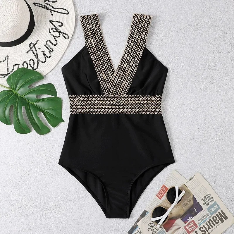 

2024 V-neck Swimsuit One Piece Black Sexy Swimwear Women Bathing Swimming Suit Female Padded Monokini Summer Beachwear Bodysuit