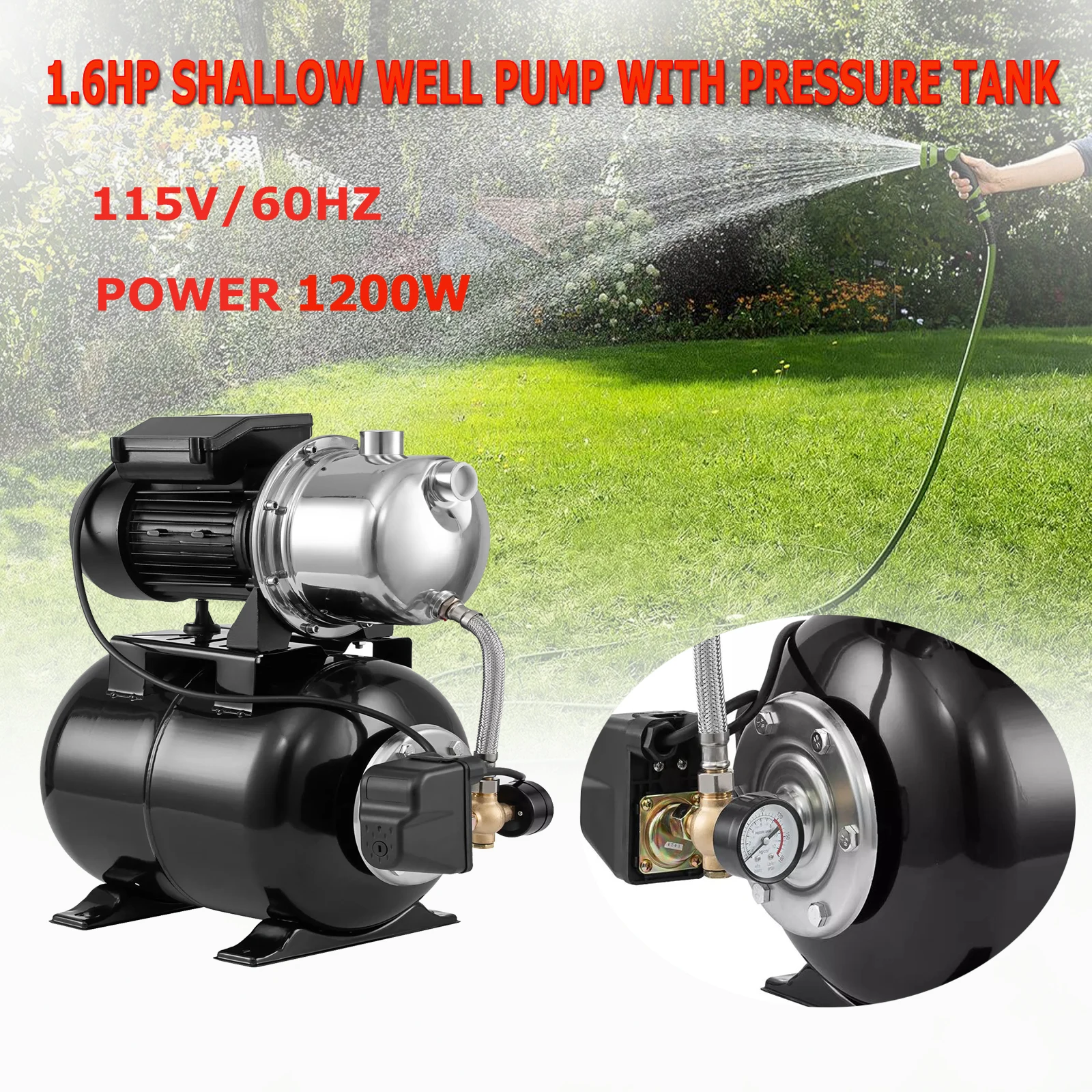 Shallow Well Pump with Pressure Tank, Portable Sprinkler Water Booster, Jet Pump for Irrigation, 1.6HP, 115V, 1320GPH