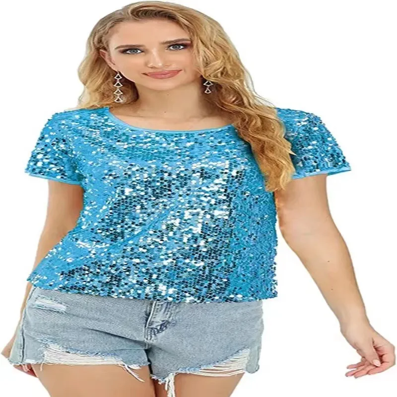 New Sequin Bead Flip Round Neck Fashionable Slim Fit Short Sleeved Casual Party Top