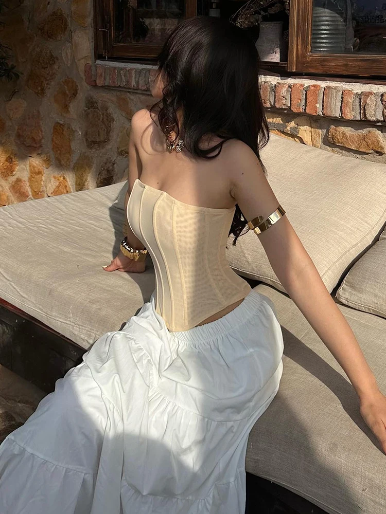 

Insglas Fashion 2-Piece Set Women Fishbone Corset Tops+Elegant Solid Long Skirts Skinny Vacation Prom Party Casual Sweet Suits