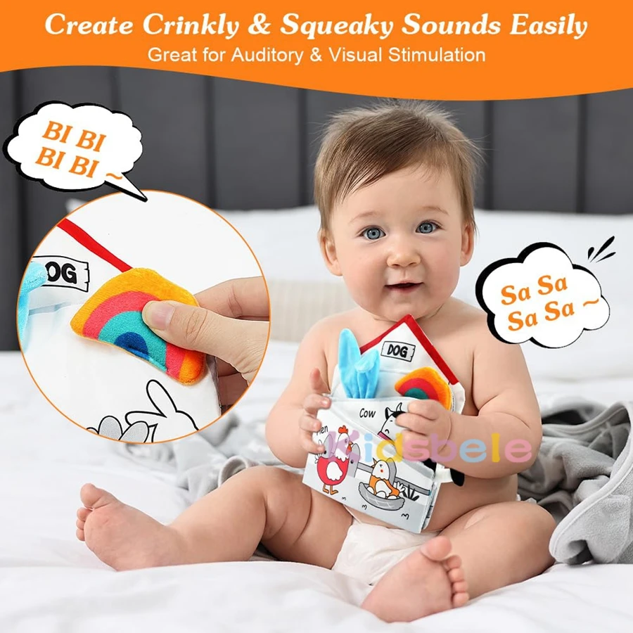 Baby-Crinkle-Stoffbuch mit Plüschtier-Zubehör, Montessori-Sensoriklernen, Soft-Touch-Bücher für Neugeborene von 0–36 Monaten