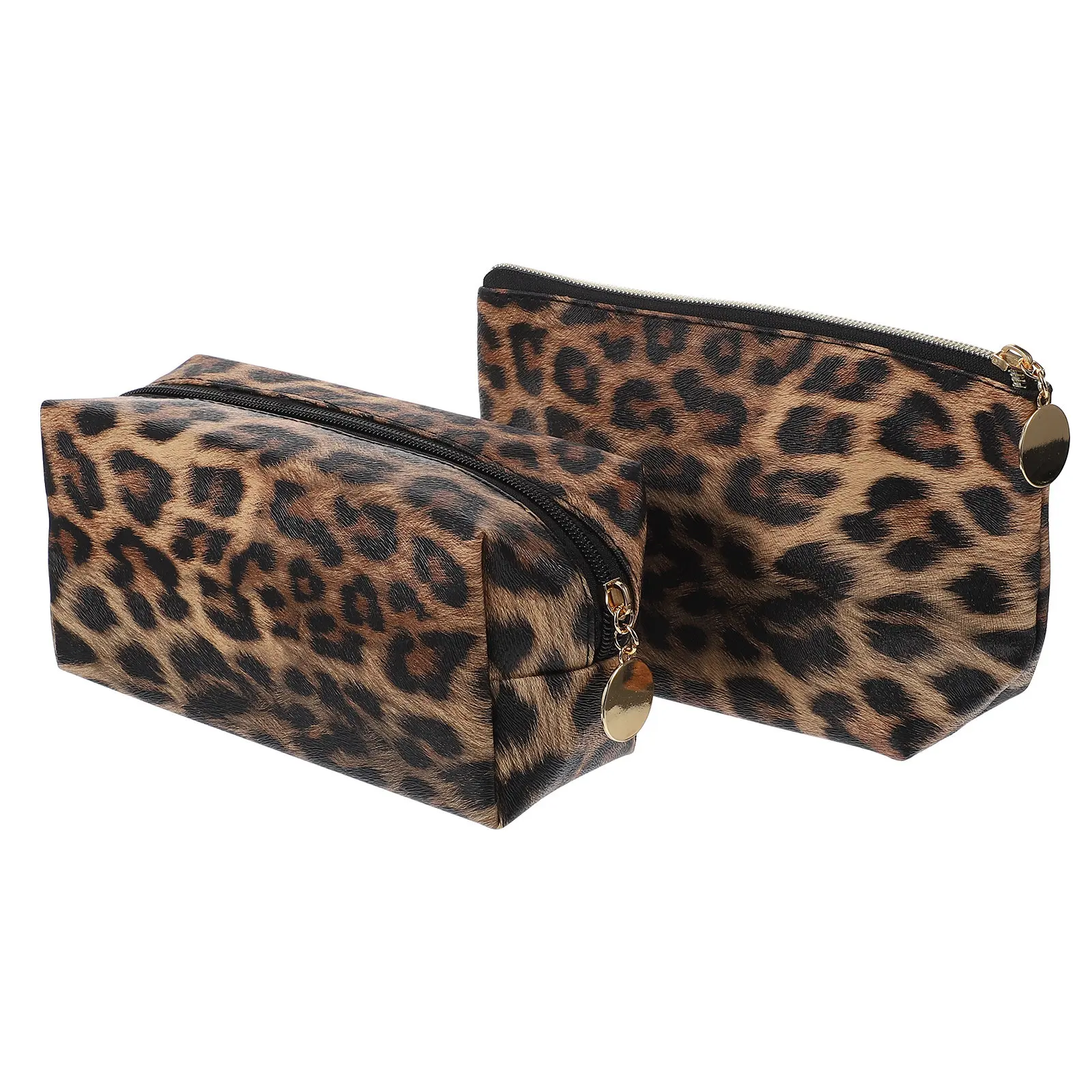 2Pcs Elegant Leopard Design Makeup Bag High Quality PU Pouch Zippered Portable Travel Toiletry Bag for Women