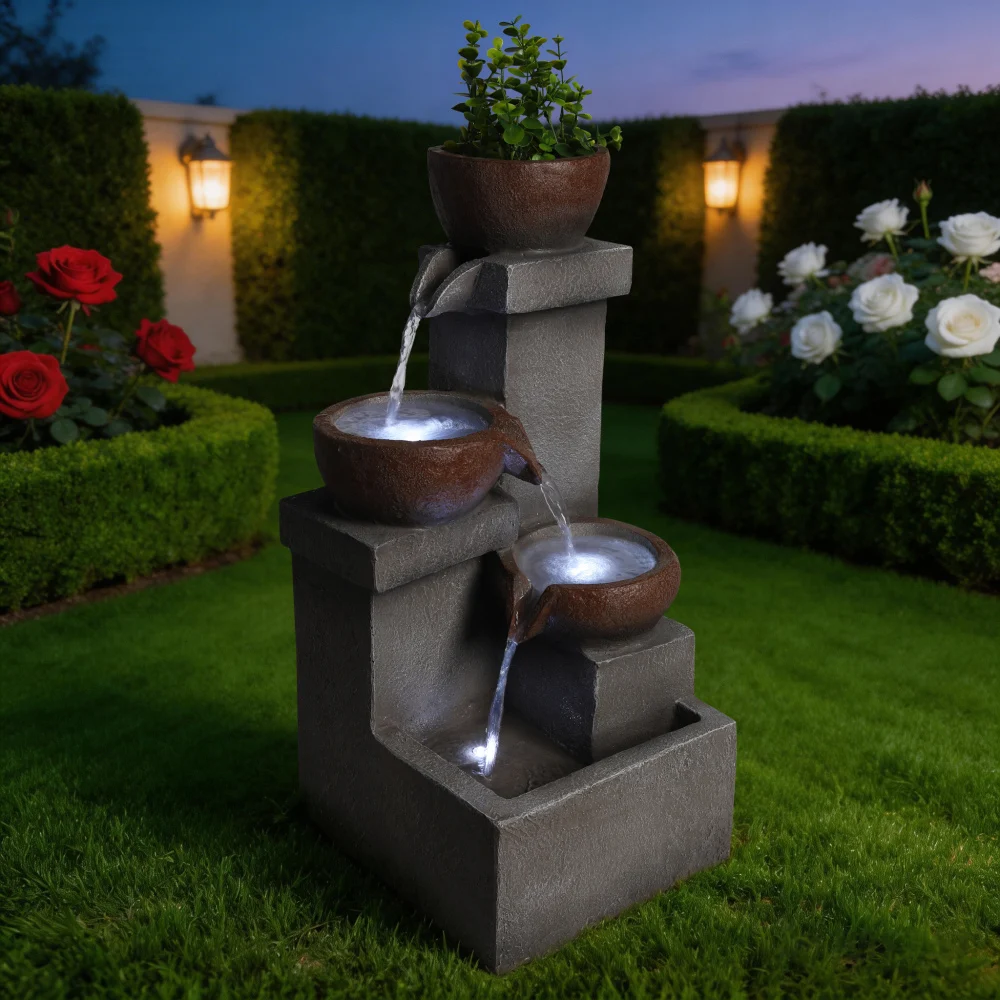 Outdoor Water Fountain Tiered Cascading Jar Waterfall Resin Garden Patio Decor with LED Lights view 8
