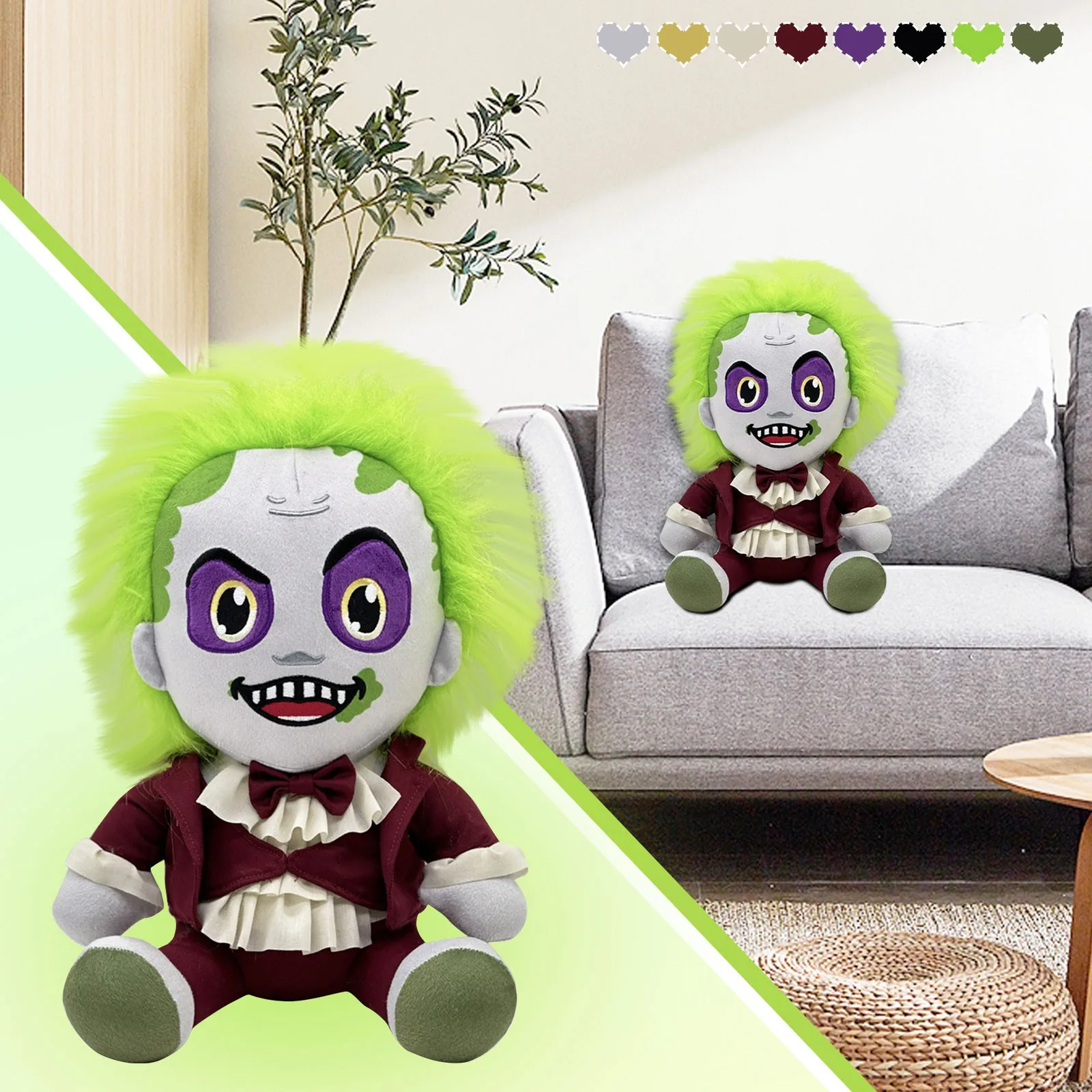 Beetlejuice Plush Toy Dolls Green hair smiling face eerie Clown Stuffed toys Christmas Kids Gift Throw Pillow Creative Ornaments