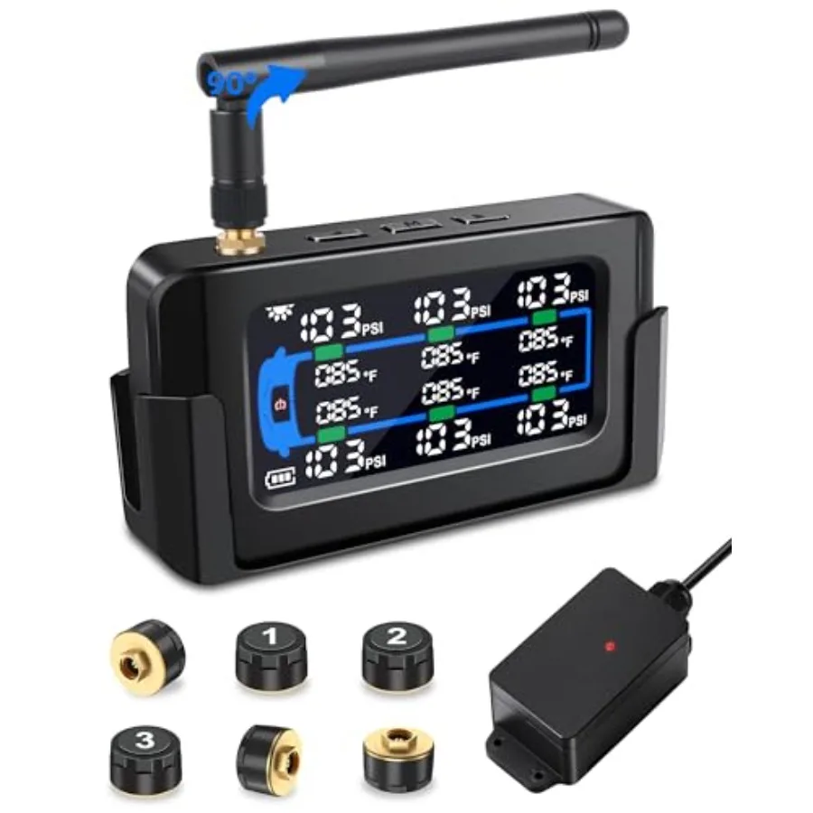 

RV Tire Pressure Monitoring System Repeater All-Metal Sensor TPMS 66ft Range Tire Pressure Monitor System 6 Sensors 0-130 PSI S