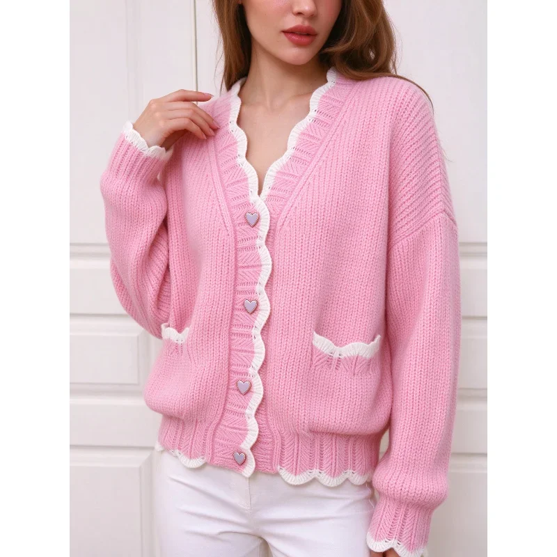 Fall Women V Neck Wavy Edge Knit Cardigan, Heart Button Color Block Loose Long Sleeve Sweater Coat with Pockets Casual Outerwear