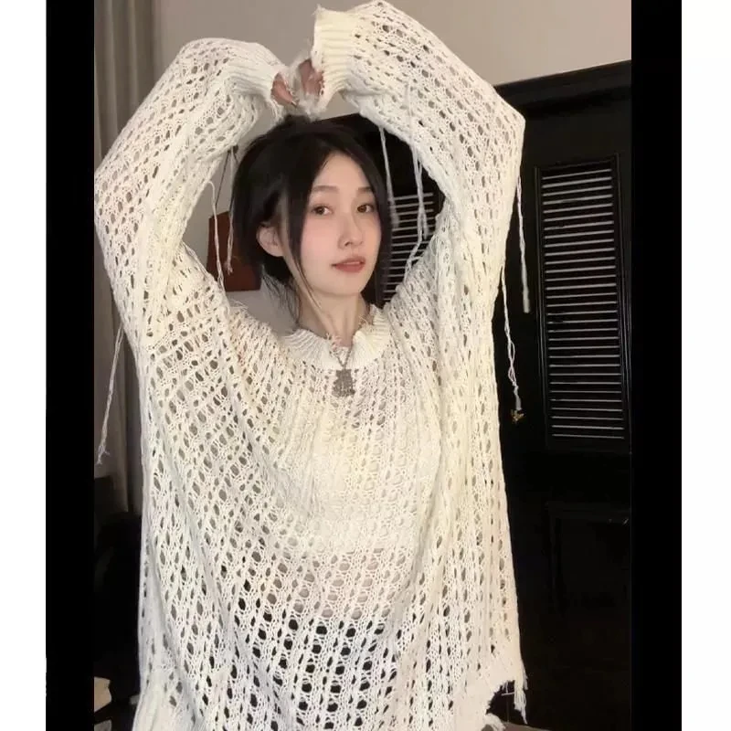 

Тонкий свитер с длинными рукавами, женская одежда, свободный повседневный джемпер, корейский шик, Sueter Mujer, вязаные пуловеры с кисточками, топы