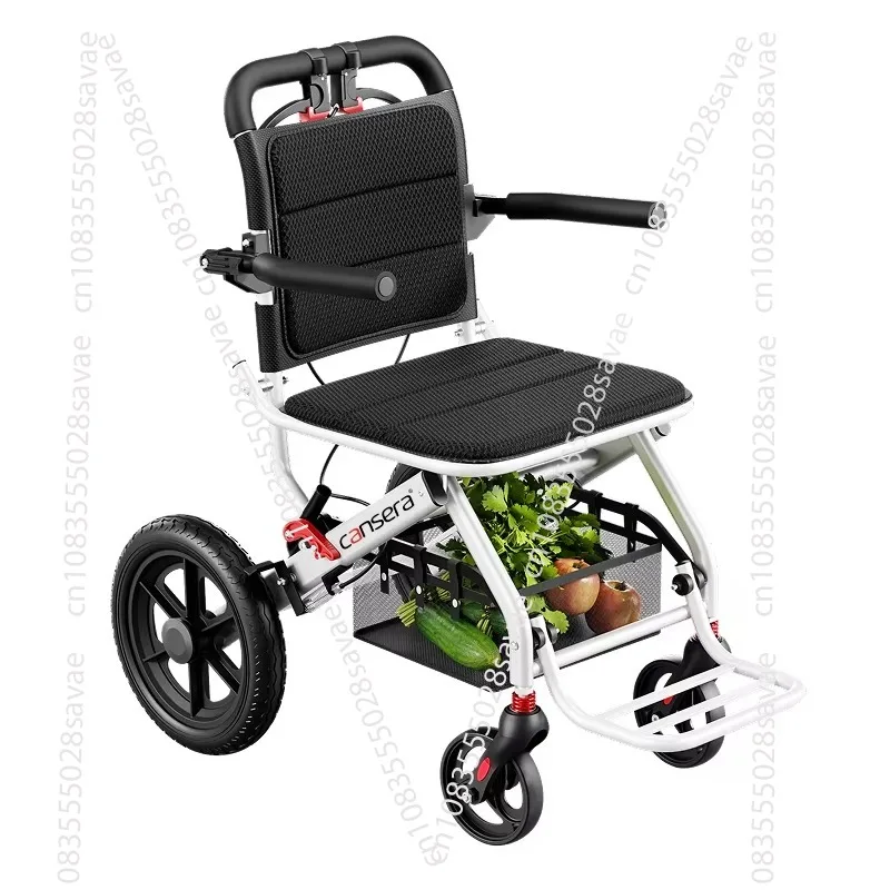 Foldable Comfort 12-inch Solid Tire Transport Wheelchair Steel Frame with Double Suspension Springs, Breathable Mesh Cushion,