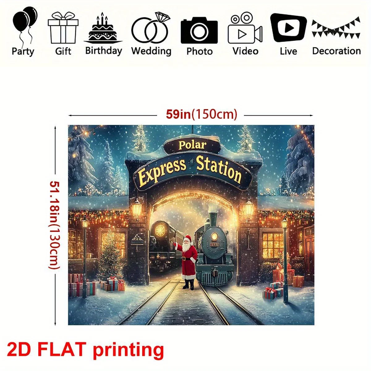 1 ديكور محطة عيد الميلاد Polar Express العتيقة - قماش خلفية وصول سانتا كلوز، نمط ندفة الثلج، بوليستر