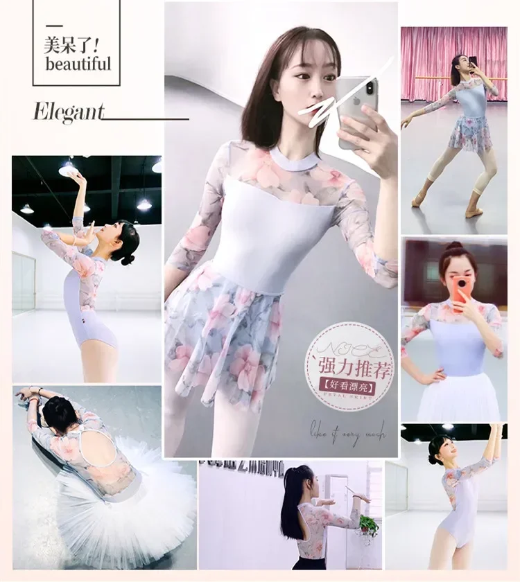 Printed Gymnastic Female Adult Basic Leotard for Girls 3/4 Sleeve Dance Wear Professional Ballet Training Dress