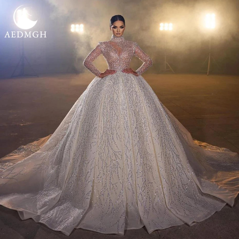 

Aedmgh Ball Gown Royal Exquisite Wedding Dresses 2024 High Neck Long Sleeve Vestido De Novia Lace Sequined Shiny Robe De Mariee