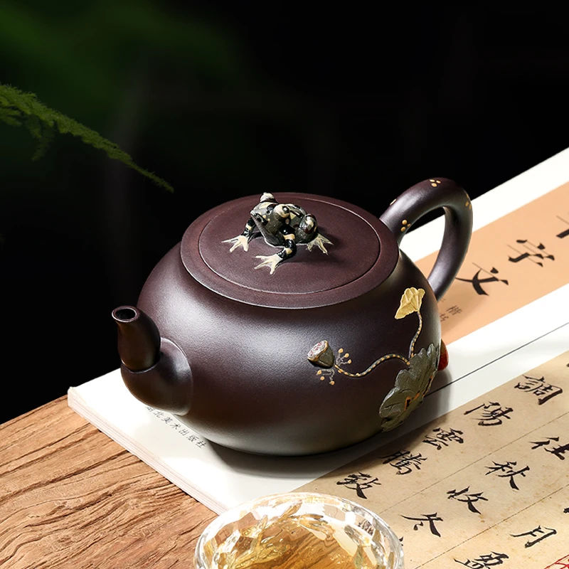 |purple clay pot pure handmade genuine raw ore black mud lotus fun frog teapot large capacity household tea set set