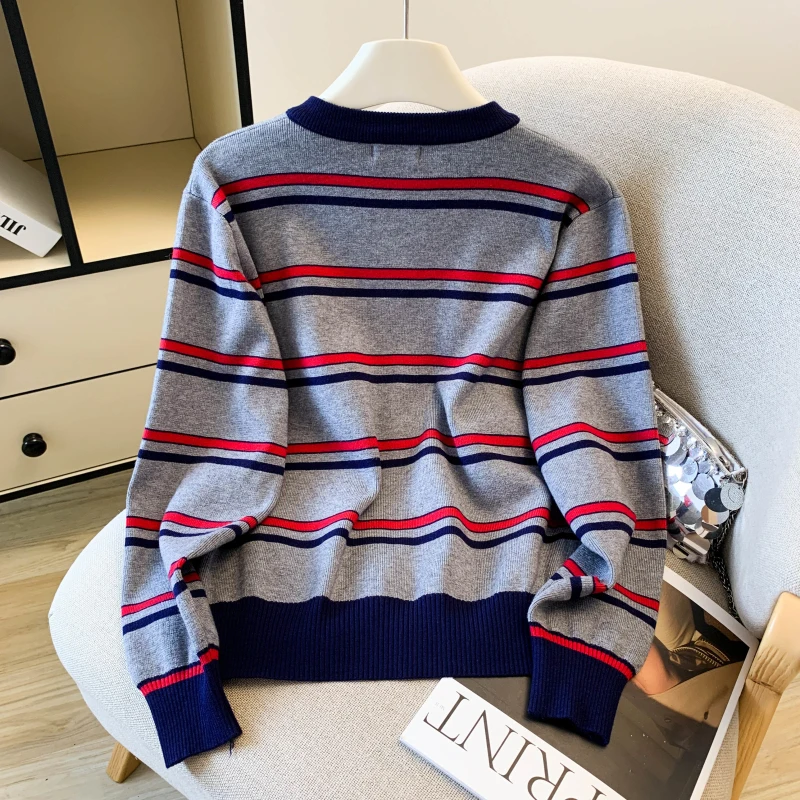 Coreano elegante cardigan camisola feminina 2026 primavera listrado bordado manga longa malhas topos soltos moda senhoras jumpers