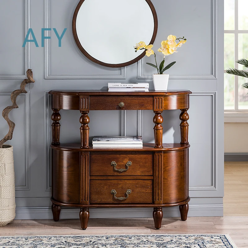American Solid Wood Dining Side Cabinet for Living Room Hallway Corridor Wall Entryway Narrow Semi Round Storage Cabinet
