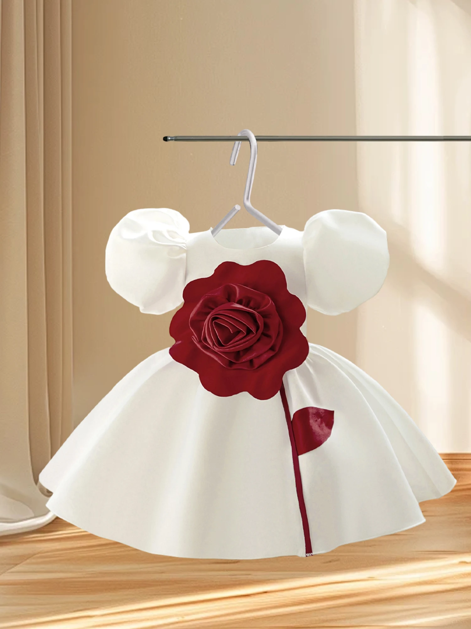 

Cute Toddler Girl Summer Dress with Short Puff Sleeves Round Neck and 3D Floral Details - Perfect Princess Gown for Your