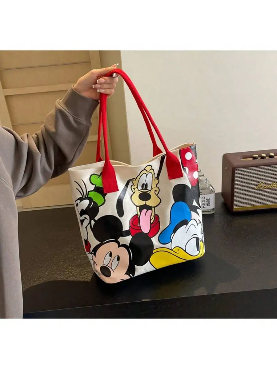디즈니 미키 마우스 캔버스 보관 가방, 지퍼가 달린 대용량 토트 핸드백, 쇼핑 및 일상 사용에 적합