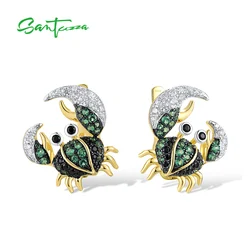 SANTUZZA Real 925 Sterling Silver Earrings For Women Sparkling Green Black Spinel Cute Crab Latch Back Animal Party Fine Jewelry