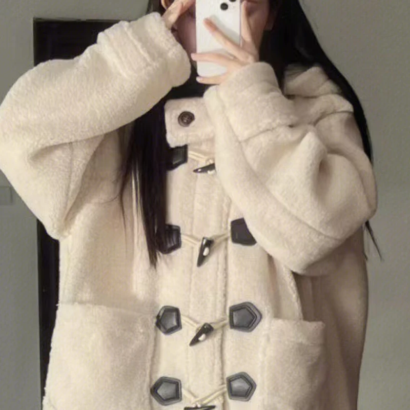 Lamb Wool Hooded Coats Women Cute Horn Button Jacket for Girls Winter Street All-match Chic Students Cozy Soft Baggy Outerwear