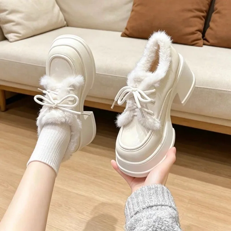 Women Plush Lined Platform Loafers, Patent Leather Chunky Block Heel Lace Up Warm Winter Casual Dress Oxford Shoes