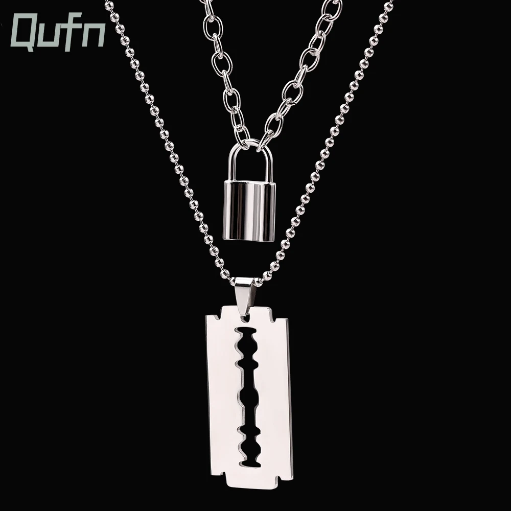 Punk Double Layer PadLock Necklace Lock Blade Cross Star Guitar Map Pendant Chain Necklaces Fashion Women Jewelry Accessories