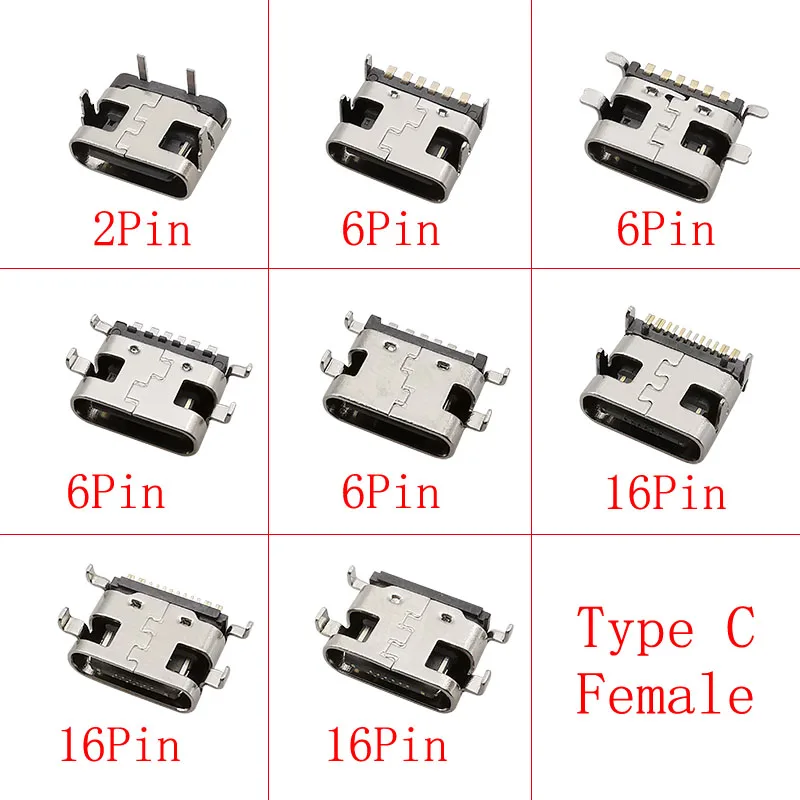 Conector de puerto de carga USB tipo C, 10 piezas, hembra, 2/6/16 Pines, SMD, PCB, soldadura, reparación de bricolaje, adaptador de enchufe tipo C