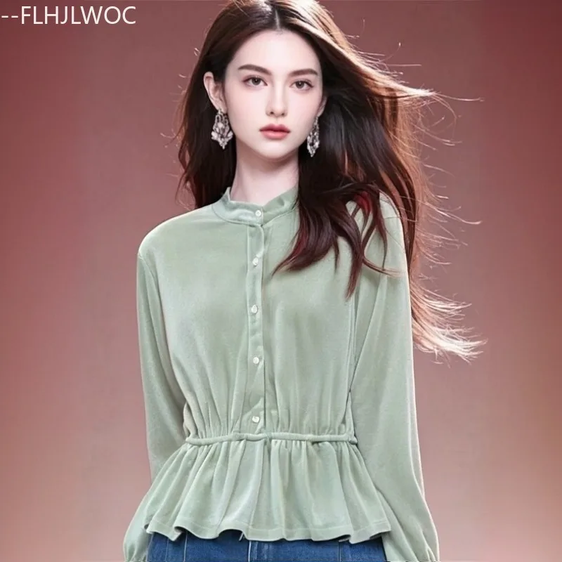 

Новогодние рождественские бархатные топы, блузка, модная женская осенне-зимняя базовая рубашка с длинными рукавами для милых девочек, рубашки с баской и воротником-стойкой в стиле ретро