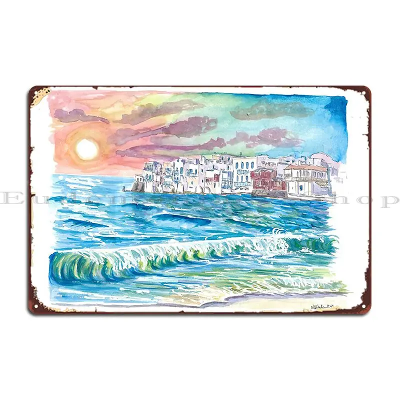 Incredible Mykonos Sunset With Little Venice And Beach Waves Metal Sign Club Cave Wall Cave Customized Classic Tin Sign Poster