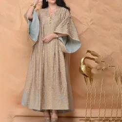 Women Robe Dress Printed Gold Breathable Long Flare Sleeve Loose V-neck Lady Elegant Party Summer Cloth Lugentolo