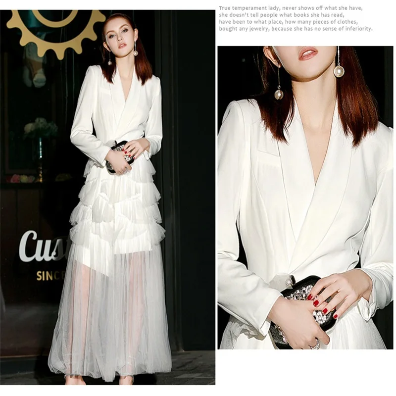 Long Women Suit Blazer Tulle Prom Dress Stitching Party Gown One Button Formal Office Lady Jacket Outfit In Stock