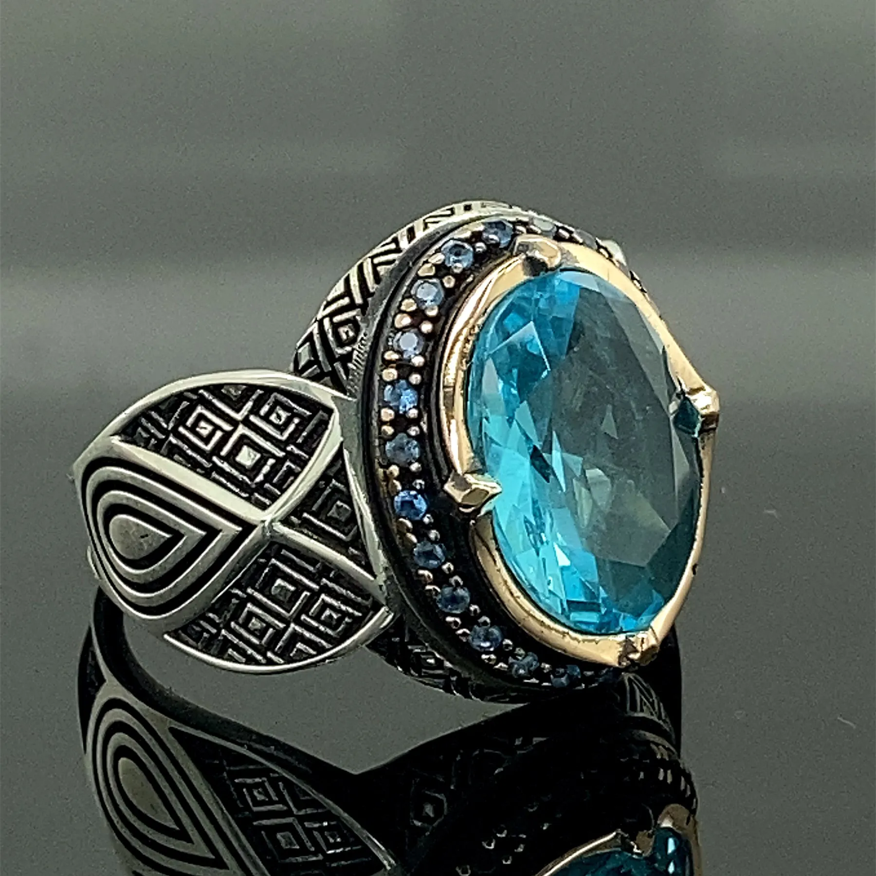 Mens Handmade Ring , Aquamarin Ring ,Oval Aquamarine , Turkish Handmade Silver Men Ring, Ottoman Ring , 925k Sterling Silver Rin